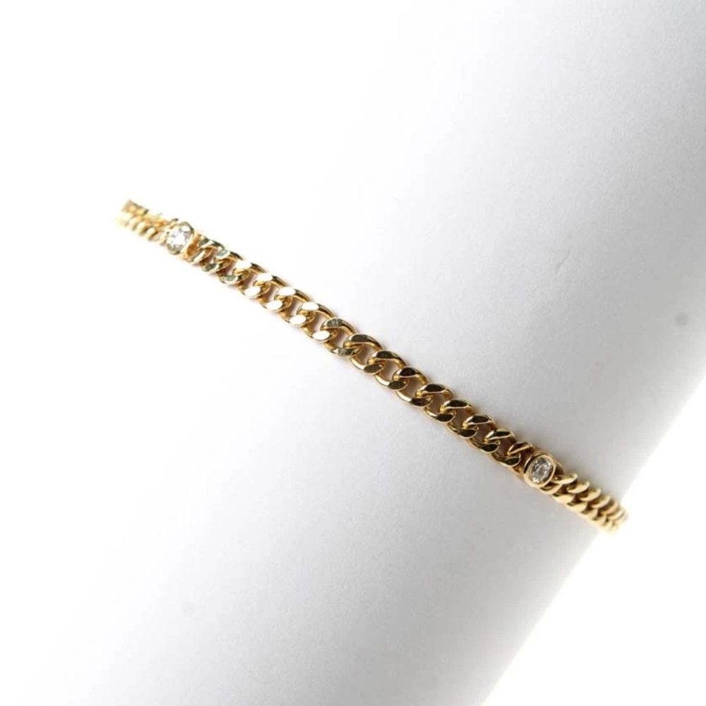 Ferkos Womens 14K Yellow Gold Diamond 3 Station Curb Chain Bracelet 6.5" 2.4g - Picture 2 of 8
